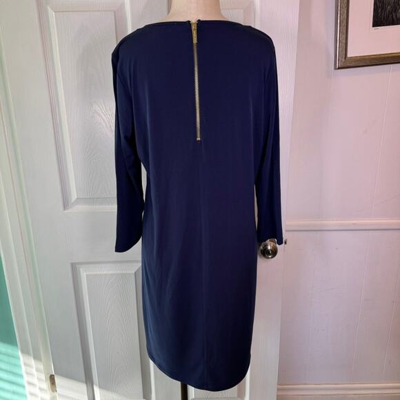 Michael Kors Navy Long Sleeve Shift Dress Gold Zip Back Size L - Picture 2 of 8